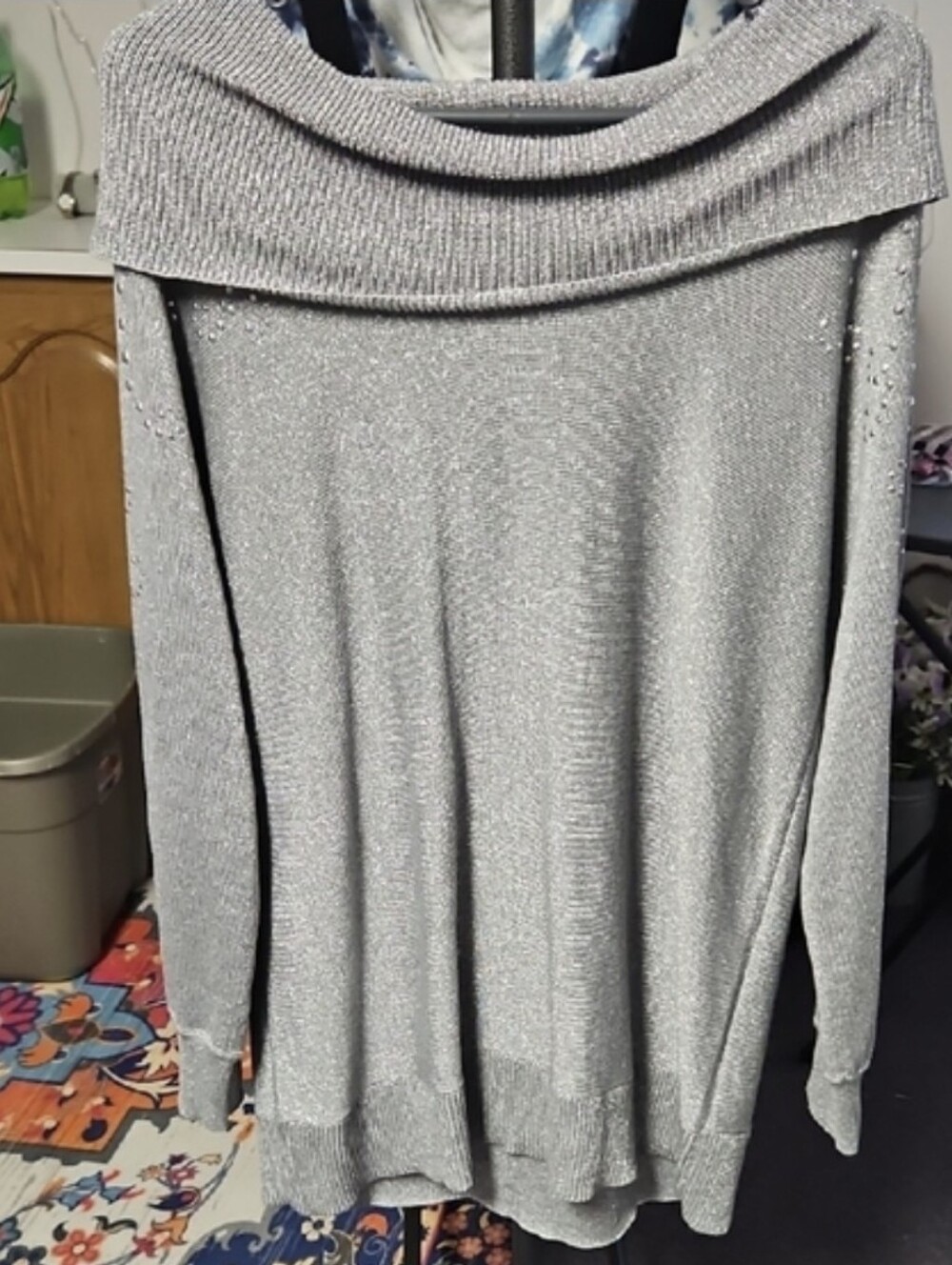 Ruby Rd Silver Off The Shoulder Cowl Neck Sweater with Bling Sz L